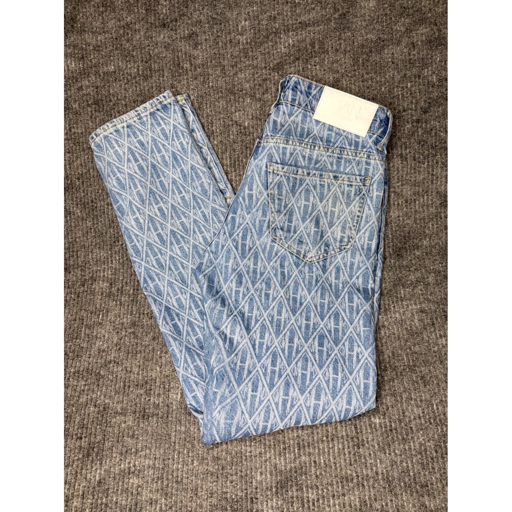 BoohooMAN Mens Monogram Print Straight Leg Jeans Light Wash Blue Size 28